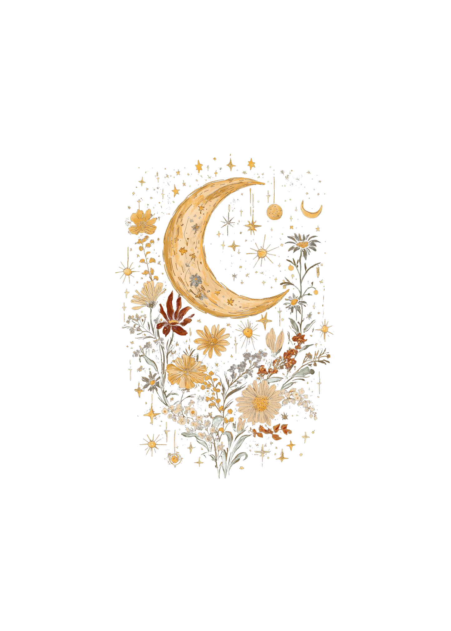 Celestial Moon boho floral graphic tee with gold moon, unisex bamboo/cotton, Spun Bamboo on Tampa Home & Garden Store