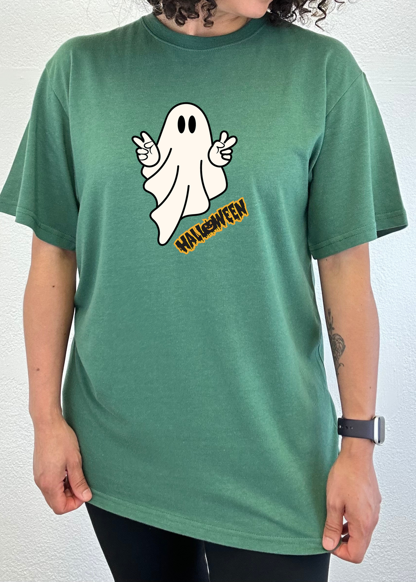 Spun Bamboo Halloween Ghost unisex bamboo viscose/organic cotton tee in green with ghost on Tampa Home & Garden Store
