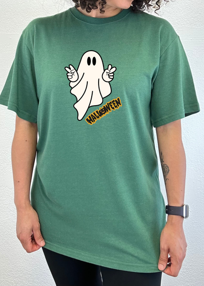 Spun Bamboo Halloween Ghost unisex bamboo viscose/organic cotton tee in green with ghost on Tampa Home & Garden Store