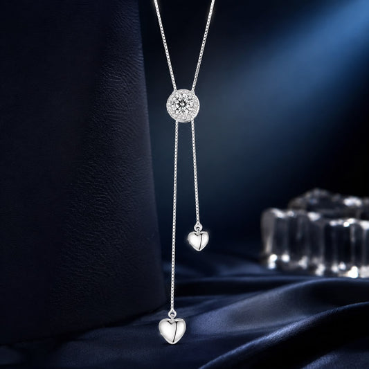 Necklace: 925 sterling silver moissanite with pavé halo, 450mm chain, two heart charms on Tampa Home & Garden Store
