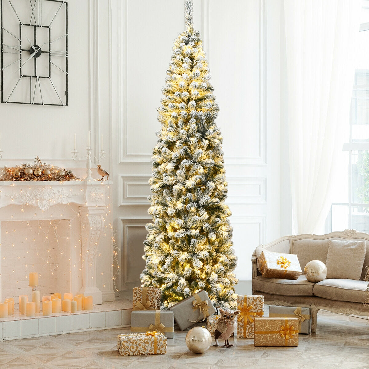 7.5 ft DirectDeals snow-flocked pencil Christmas tree, pre-lit with LED lights on Tampa Home & Garden Store