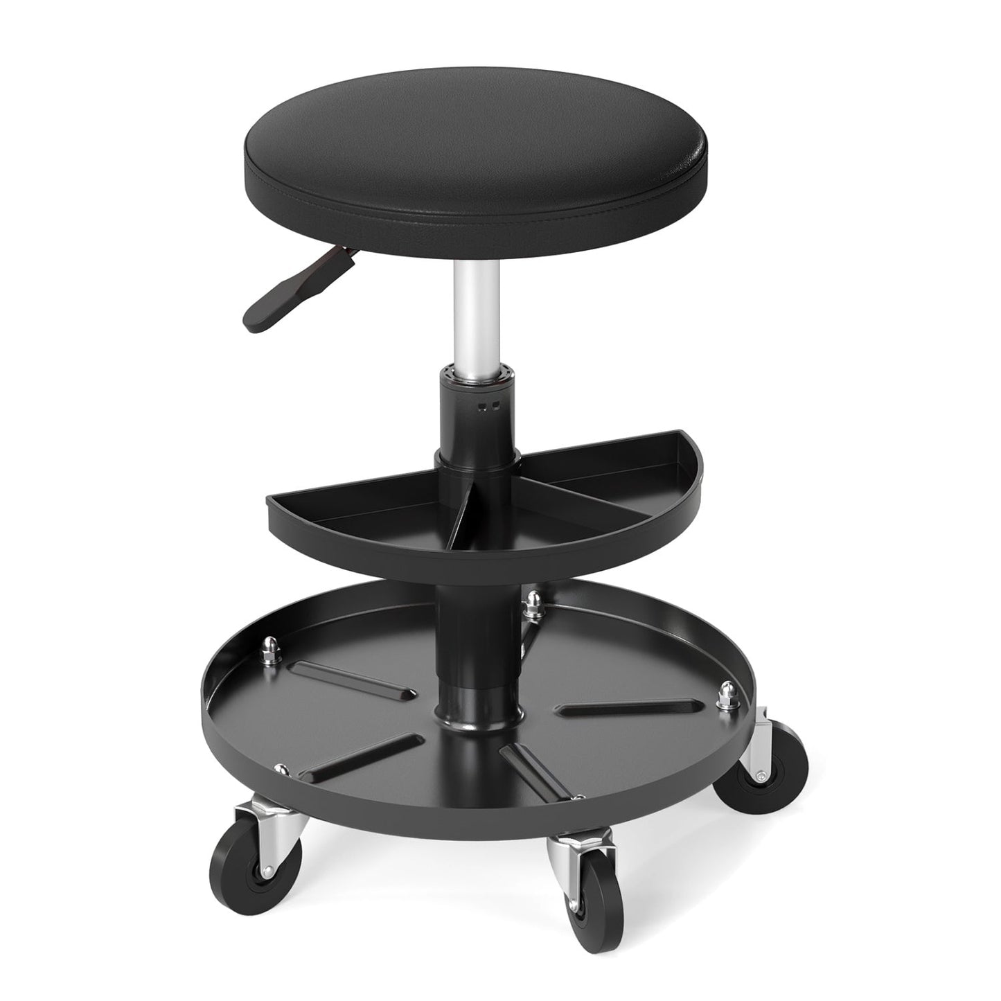 Adjustable rolling mechanic stool with tool trays, black padded seat, chrome post, four caster wheels on Tampa Home & Garden Store