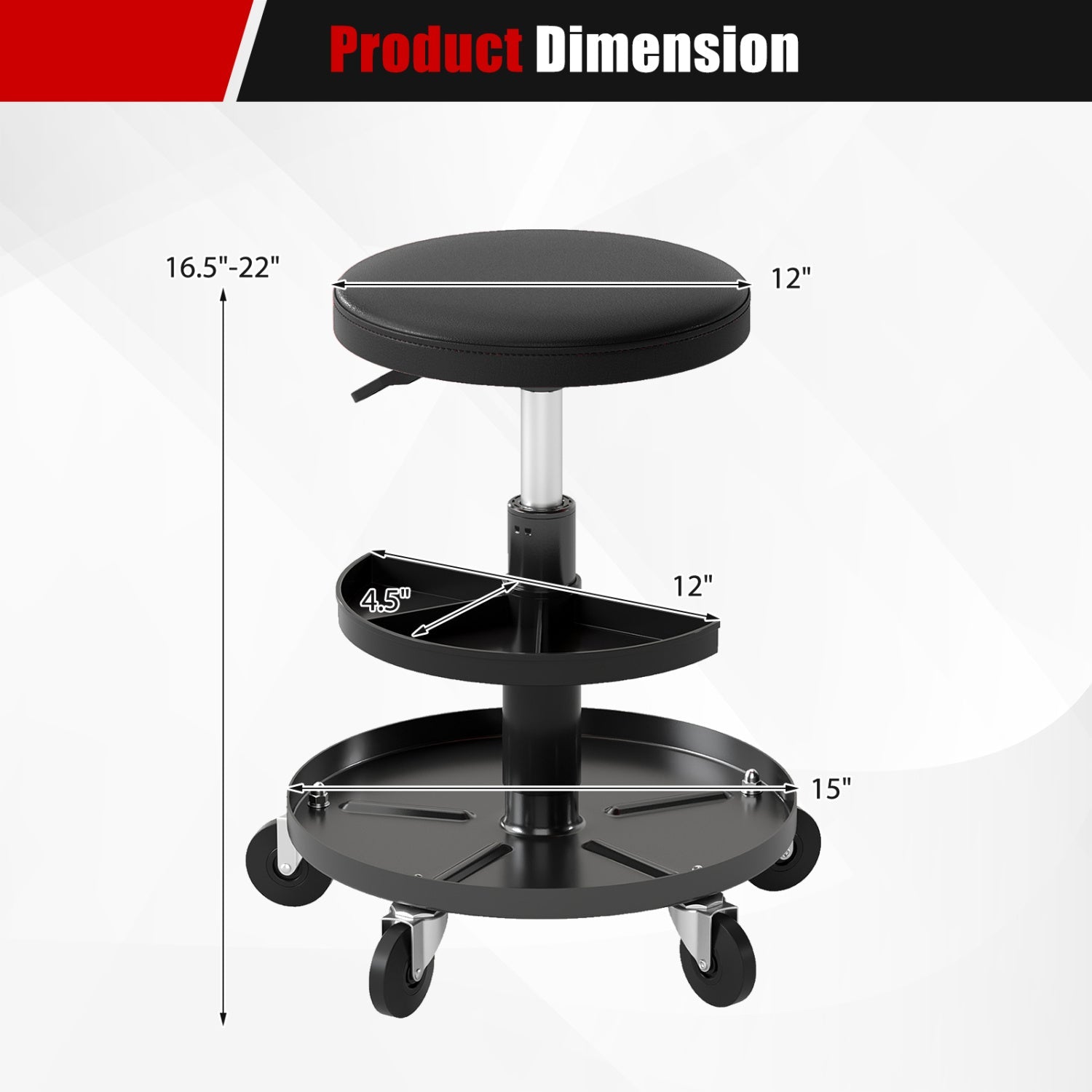 Adjustable rolling mechanic stool with black seat and tool trays 16.5–22in height by DirectDeals on Tampa Home & Garden Store