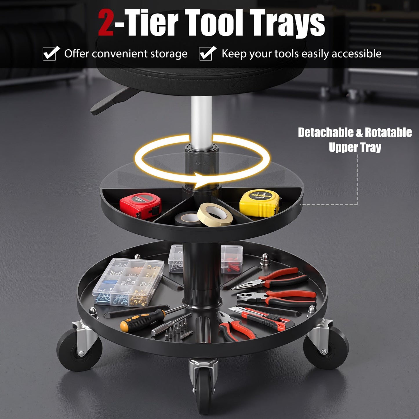 Adjustable rolling mechanic stool with 2-tier tool trays and black seat DirectDeals on Tampa Home & Garden Store