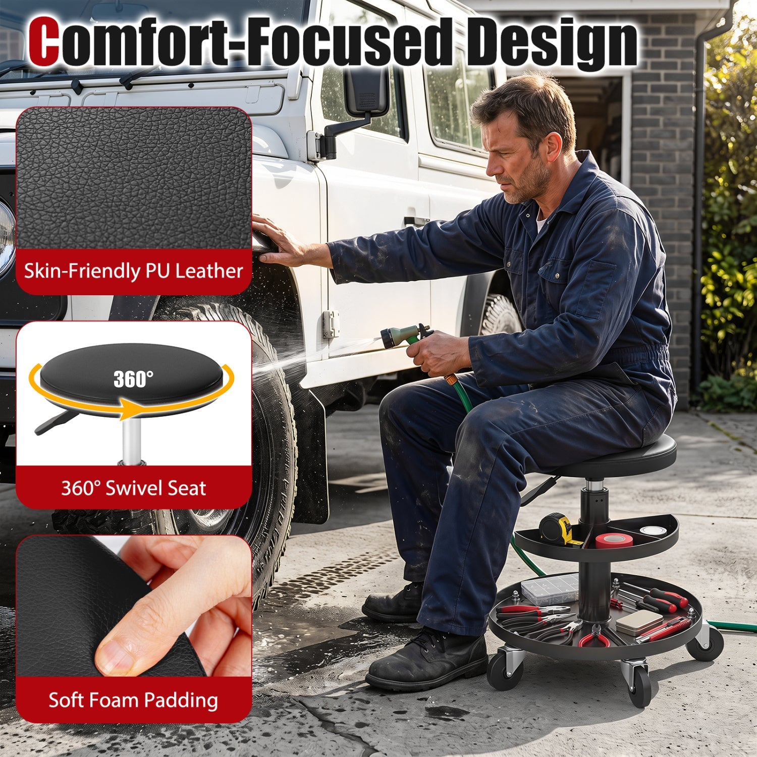 DirectDeals adjustable rolling mechanic stool with tool trays 360° swivel seat on Tampa Home & Garden Store