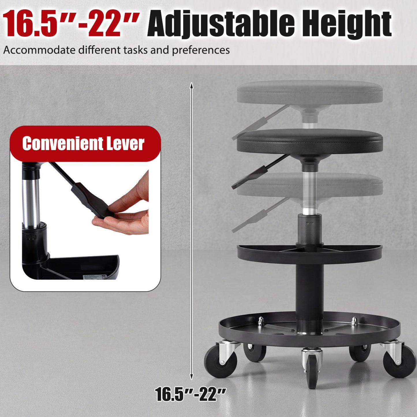 Adjustable Rolling Mechanic Stool with Tool Trays DirectDeals, black seat, metal stem, 5 casters on Tampa Home & Garden Store
