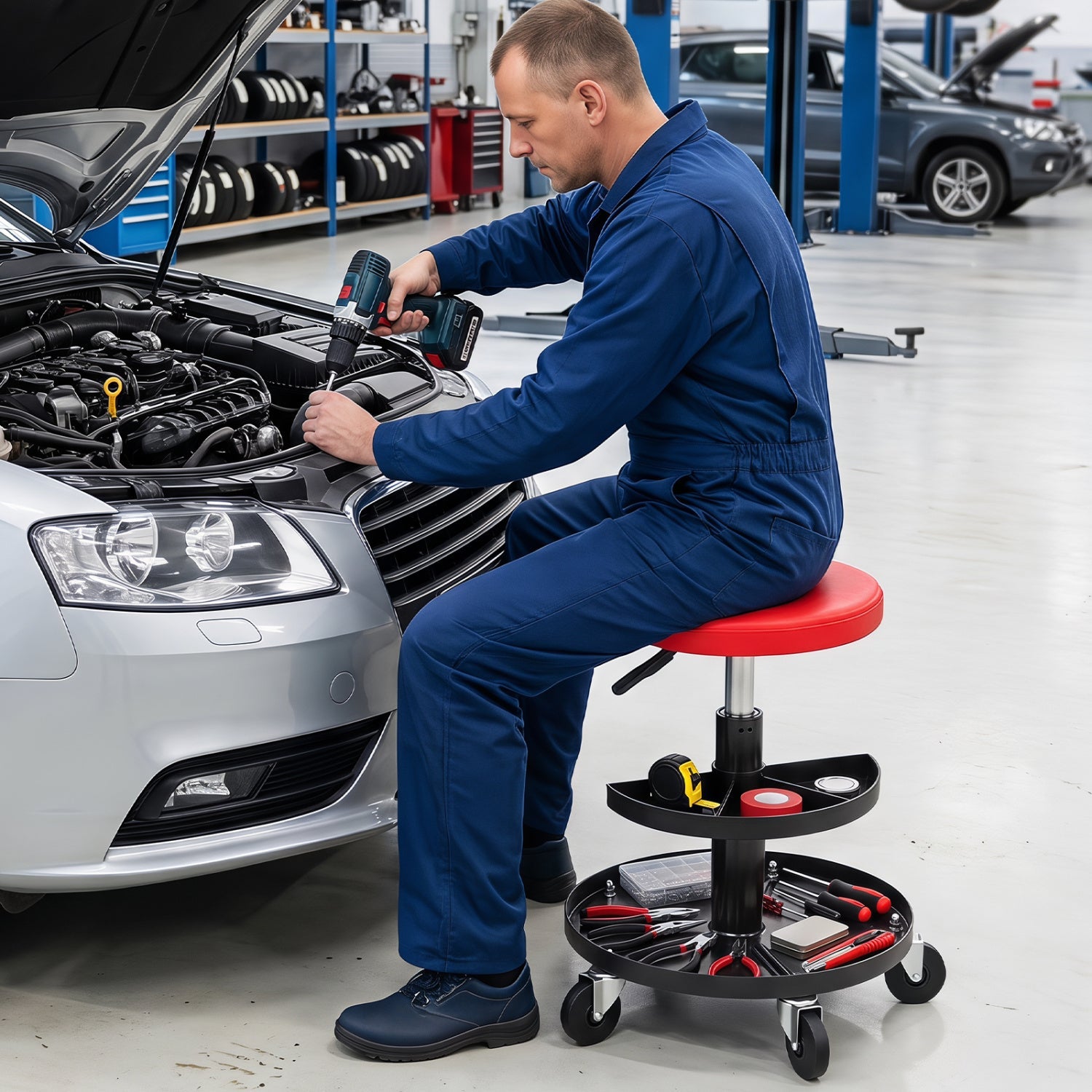 Adjustable rolling mechanic stool with tool trays, red seat and black tiered base, DirectDeals, in auto shop with tools on Tampa Home & Garden Store