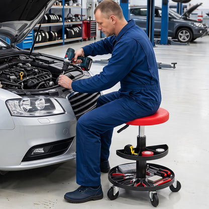 Adjustable rolling mechanic stool with tool trays, red seat and black tiered base, DirectDeals, in auto shop with tools on Tampa Home & Garden Store