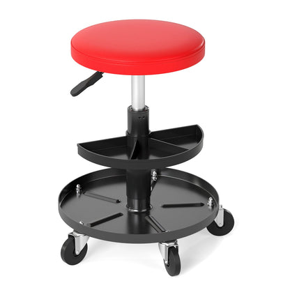 Adjustable rolling mechanic stool red seat with black tool trays on wheeled base on Tampa Home & Garden Store