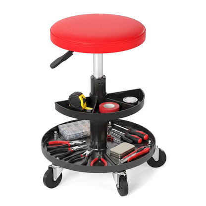Adjustable Rolling Mechanic Stool DirectDeals with red seat and tool trays on a wheeled cart on Tampa Home & Garden Store