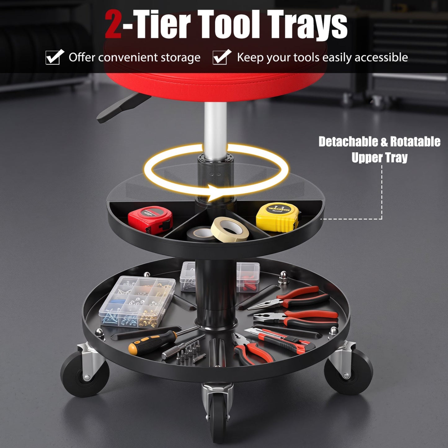 Mechanic rolling stool by DirectDeals with 2-tier tool trays and detachable upper tray, red seat on Tampa Home & Garden Store