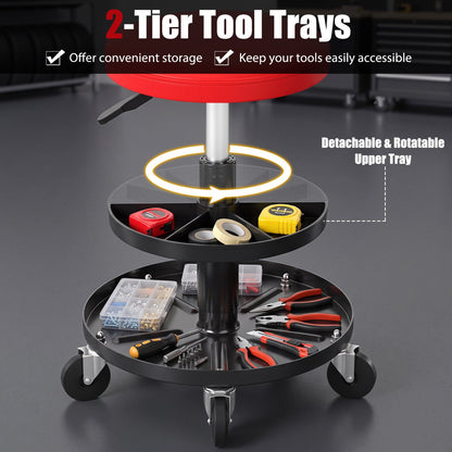 Mechanic rolling stool by DirectDeals with 2-tier tool trays and detachable upper tray, red seat on Tampa Home & Garden Store