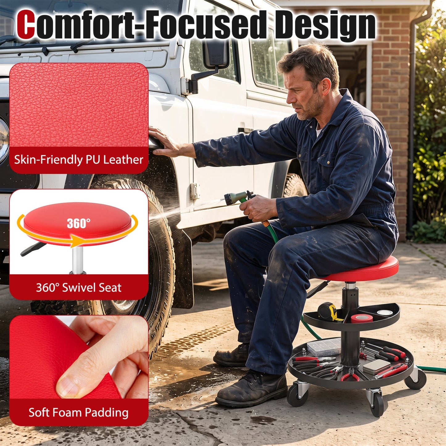 Adjustable rolling mechanic stool DirectDeals with 360° swivel red seat and tool trays on Tampa Home & Garden Store