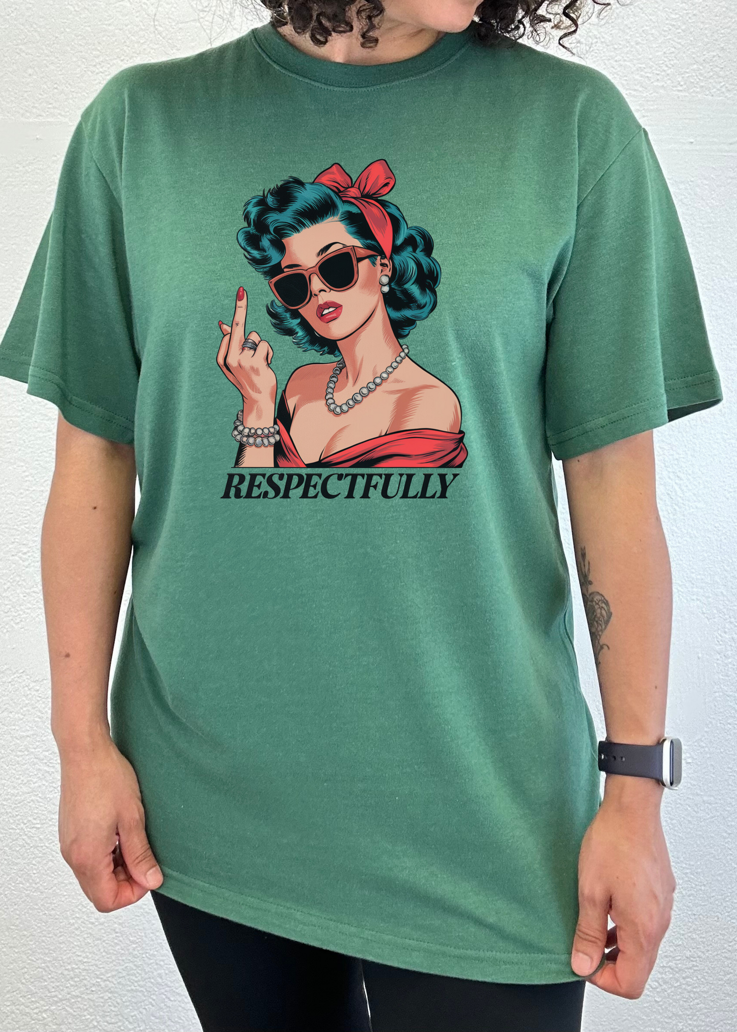 Respectfully Middle Finger Unisex Bamboo/Cotton Graphic T‑Shirt green Spun Bamboo with retro woman print, sunglasses and pearls on Tampa Home & Garden Store