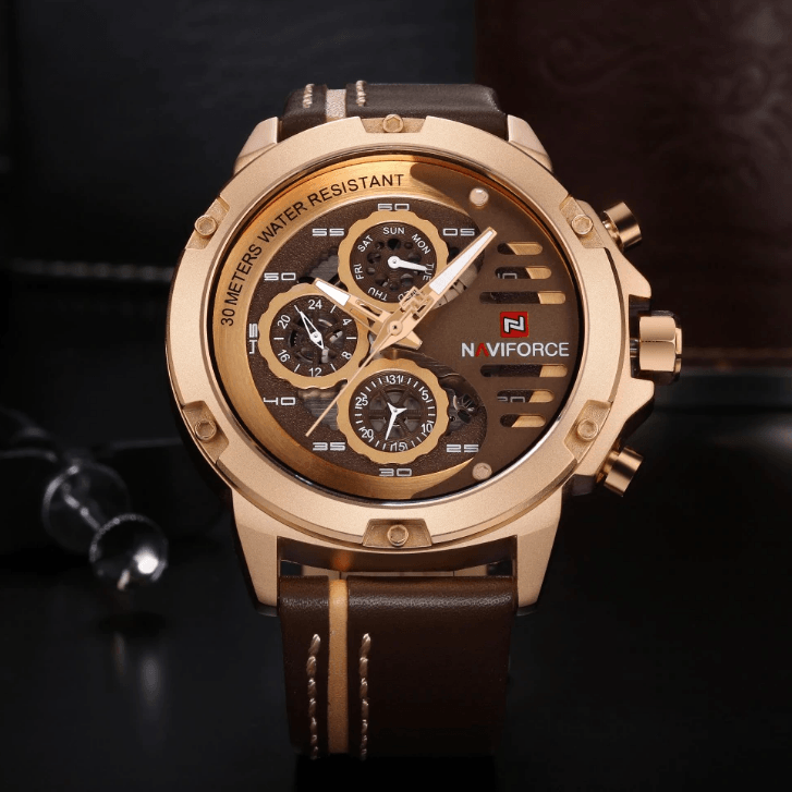 Men's sports waterproof watch with brown leather strap, rose-gold case, subdials, Naviforce on Tampa Home & Garden Store