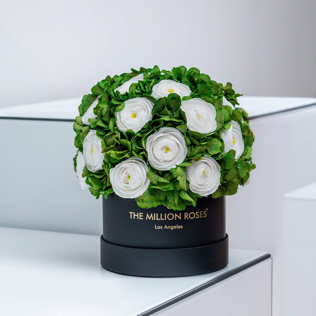 Hat box bouquet by The Million Roses in black with white Persian buttercups and green hydrangeas on Tampa Home & Garden Store