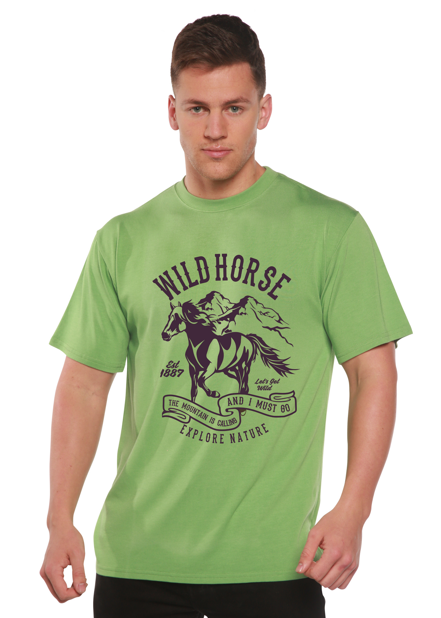 Wild Horse Spun Bamboo men's short sleeve graphic tee in light green with horse and mountains on Tampa Home & Garden Store