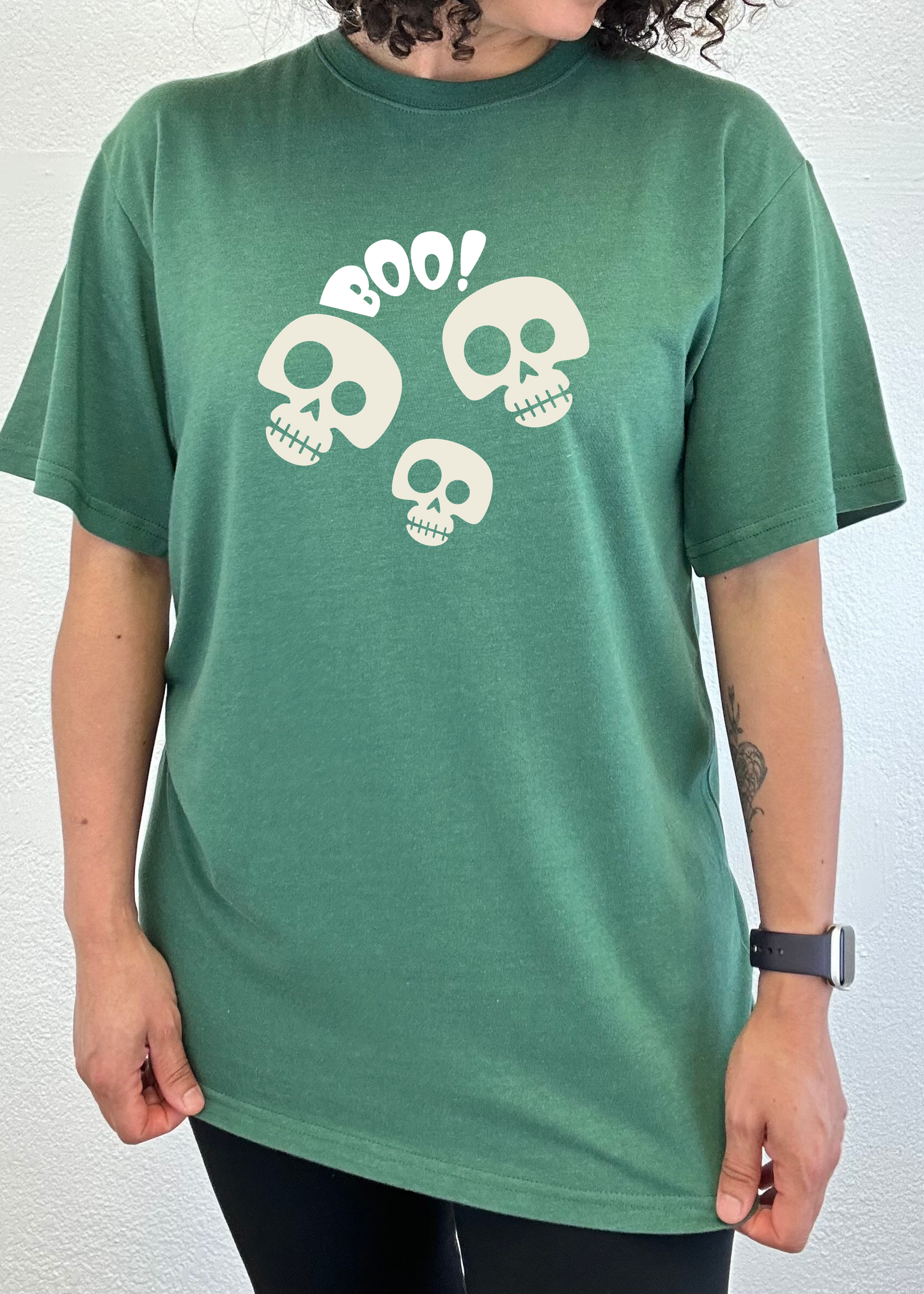 Halloween Boo unisex bamboo T-shirt short sleeve in green with cream skull print by Spun Bamboo on Tampa Home & Garden Store
