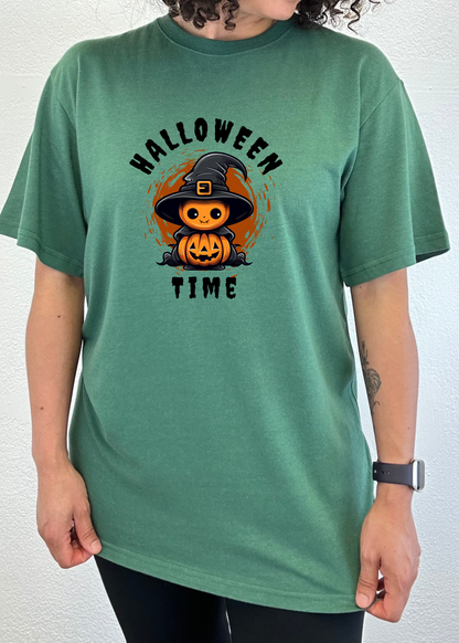 Halloween Time bamboo tee green with pumpkin wizard graphic by Spun Bamboo on Tampa Home & Garden Store