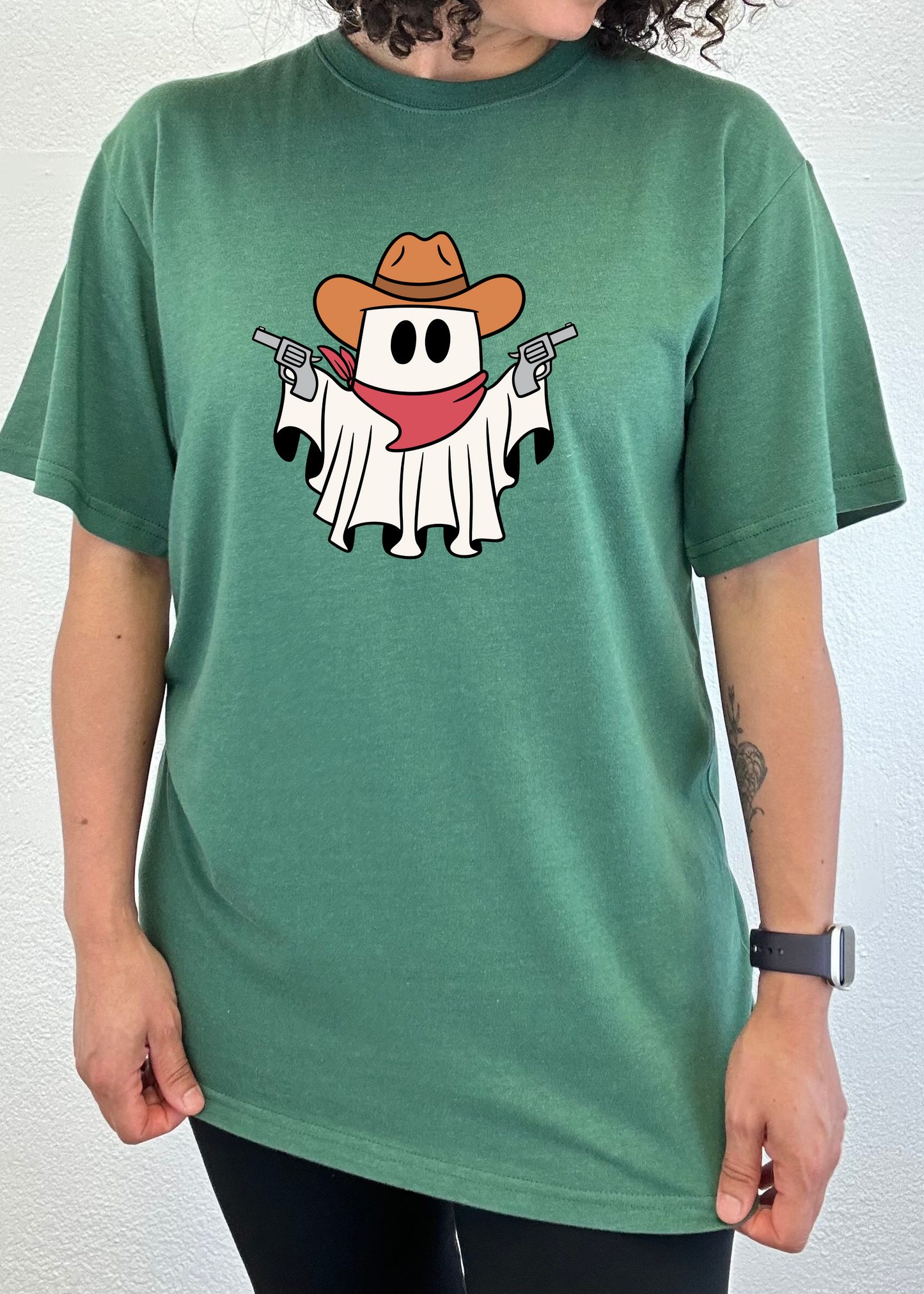 Cowboy Ghost T-shirt by Spun Bamboo, green bamboo viscose/organic cotton ghost wearing hat on Tampa Home & Garden Store