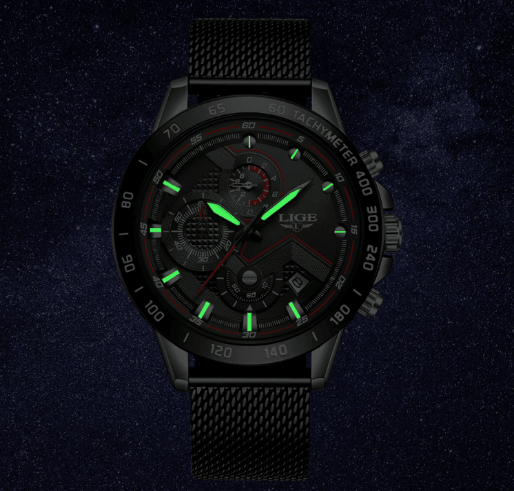Stevvex men's sports waterproof watch with stainless steel bracelet, black dial, green lume on Tampa Home & Garden Store