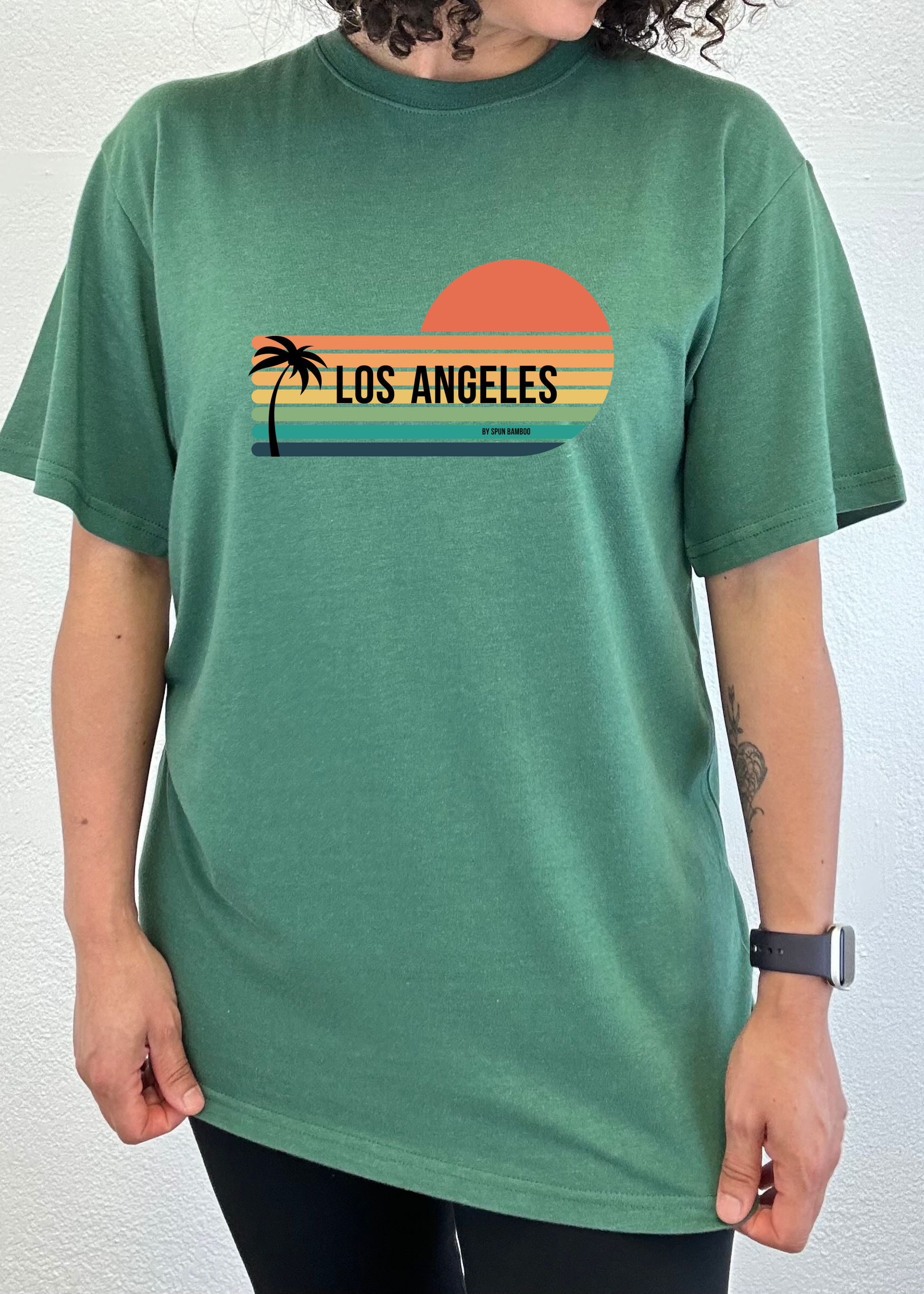 Los Angeles Spun Bamboo graphic tee green with palm and sunset stripes by Spun Bamboo on Tampa Home & Garden Store