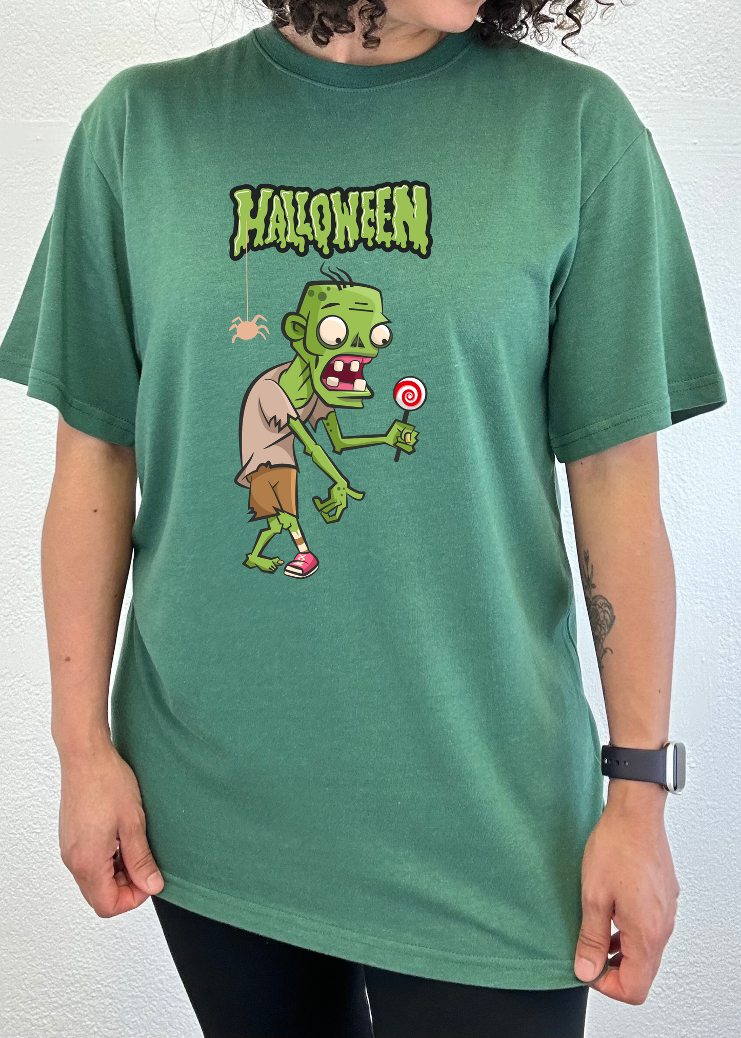 Halloween Green Monster Spun Bamboo graphic tee with zombie and lollipop on Tampa Home & Garden Store