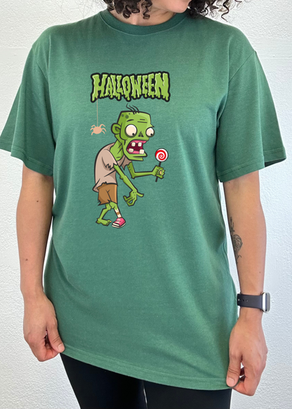 Halloween Green Monster Spun Bamboo graphic tee with zombie and lollipop on Tampa Home & Garden Store