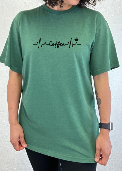 Heartbeat Coffee unisex bamboo/cotton graphic tee green with heartbeat line and coffee cup on Tampa Home & Garden Store