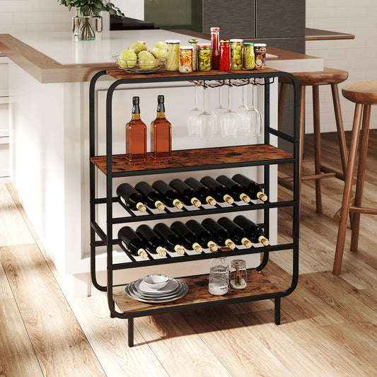 Botellero de 16 botellas con estante de 5 niveles para vinos y soporte para copas, para barra de cocina - Marrón rústico