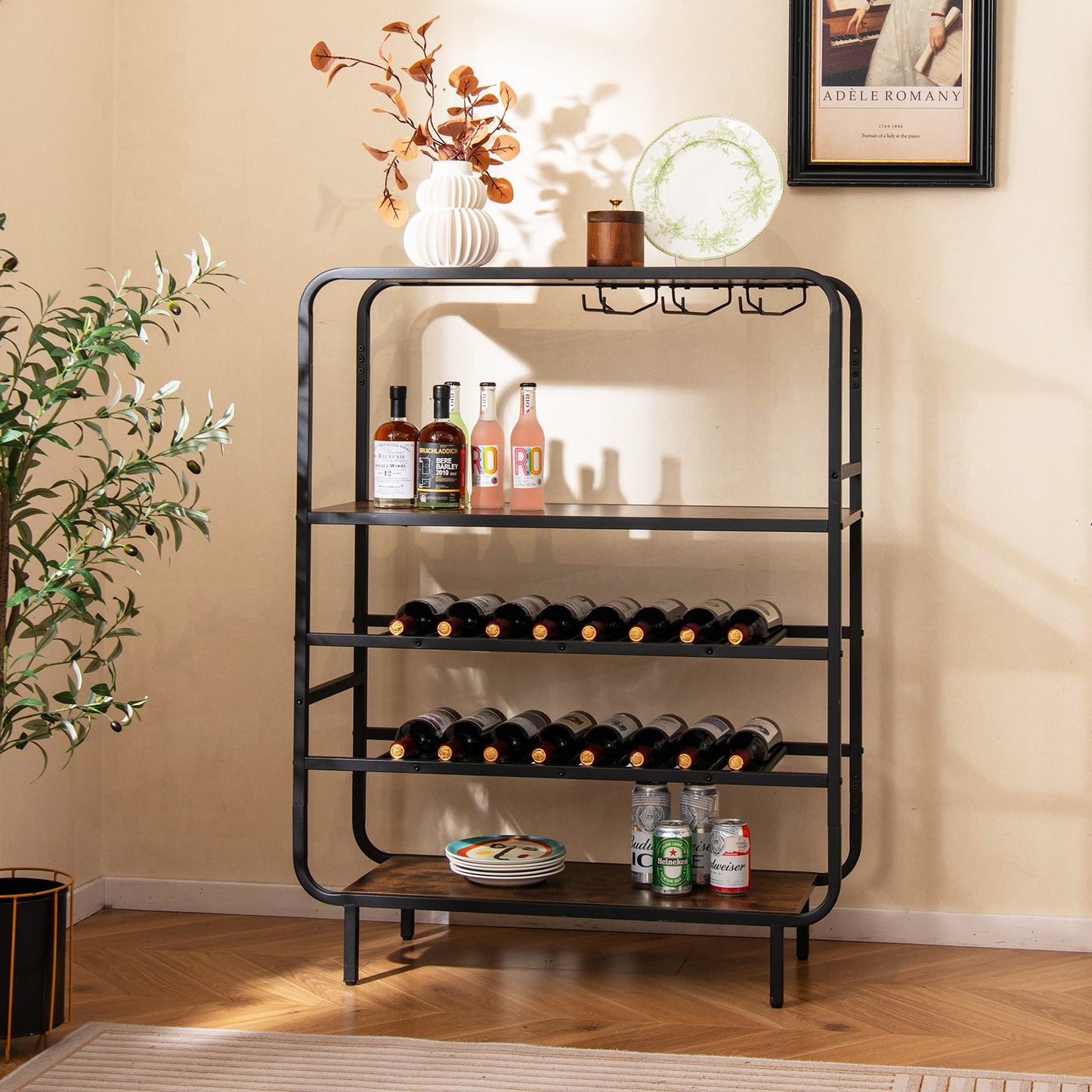 16 Bottle Wine Rack with 5-Tier Wine Shelf and Glass Holders for Kitchen Bar-Rustic Brown