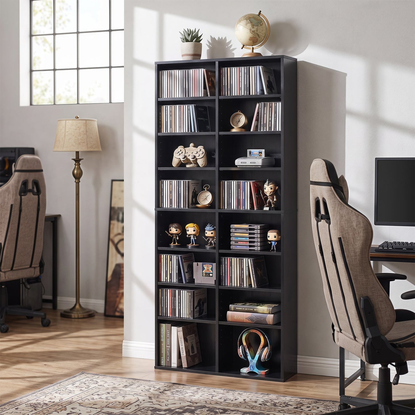 16-compartment CD storage bookcase with adjustable shelves in black on Tampa Home & Garden Store