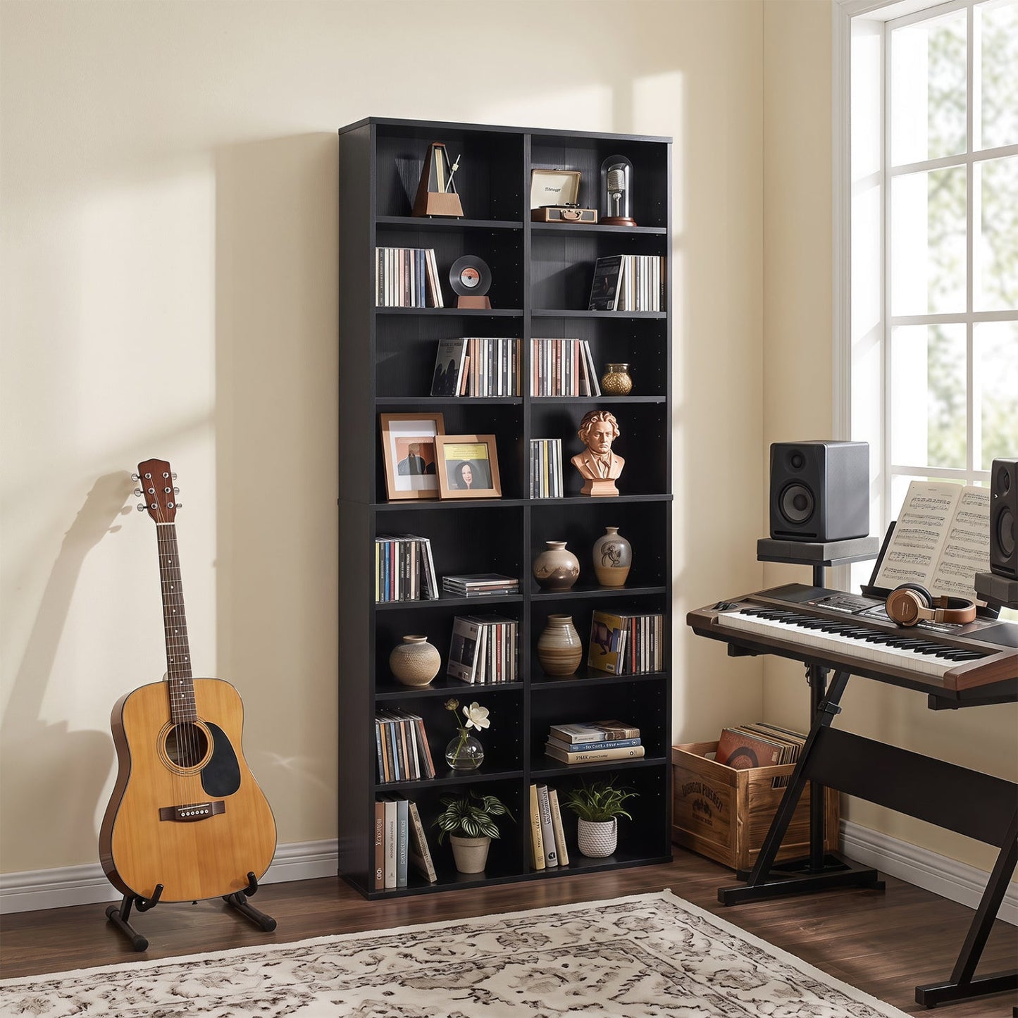 CD storage bookcase 16-compartment black with adjustable shelves DirectDeals on Tampa Home & Garden Store