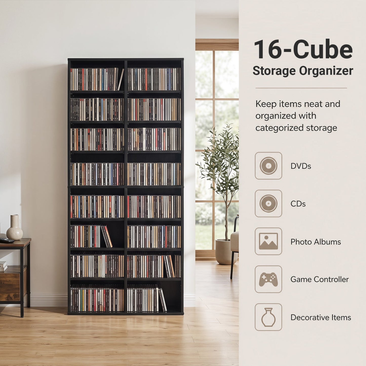 DirectDeals 16-Cube CD storage bookcase with adjustable shelves in black, filled with CDs on Tampa Home & Garden Store