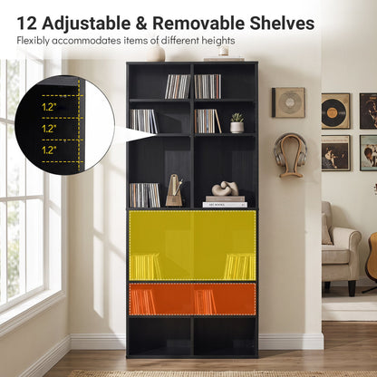 16-compartment CD storage unit, 54in black bookcase with adjustable shelves and yellow drawers on Tampa Home & Garden Store