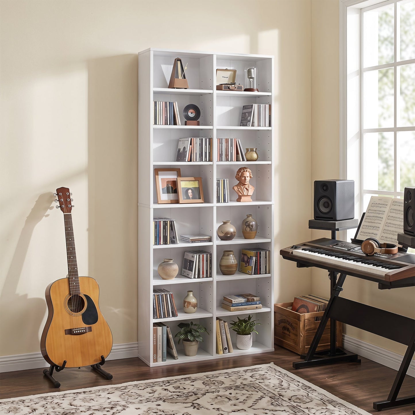 16-compartment CD storage unit by DirectDeals, white bookcase with adjustable shelves, 54-inch tall on Tampa Home & Garden Store