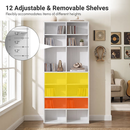 White 16-compartment CD storage unit with adjustable shelves and yellow/orange bins on Tampa Home & Garden Store