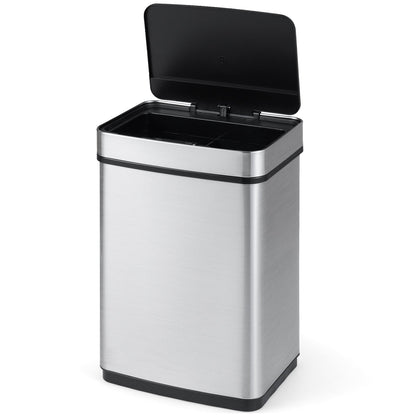 16 Gallon Trash Can Infrared Motion Sensor Garbage Can with Dual Compartments-Silver