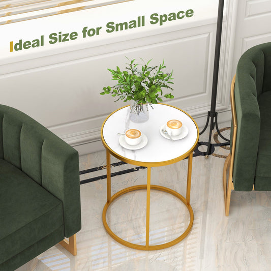 16 Inch Marble Top Round Side Table with Golden Metal Frame for Living Room Bedroom - Tampa Home & Garden Store