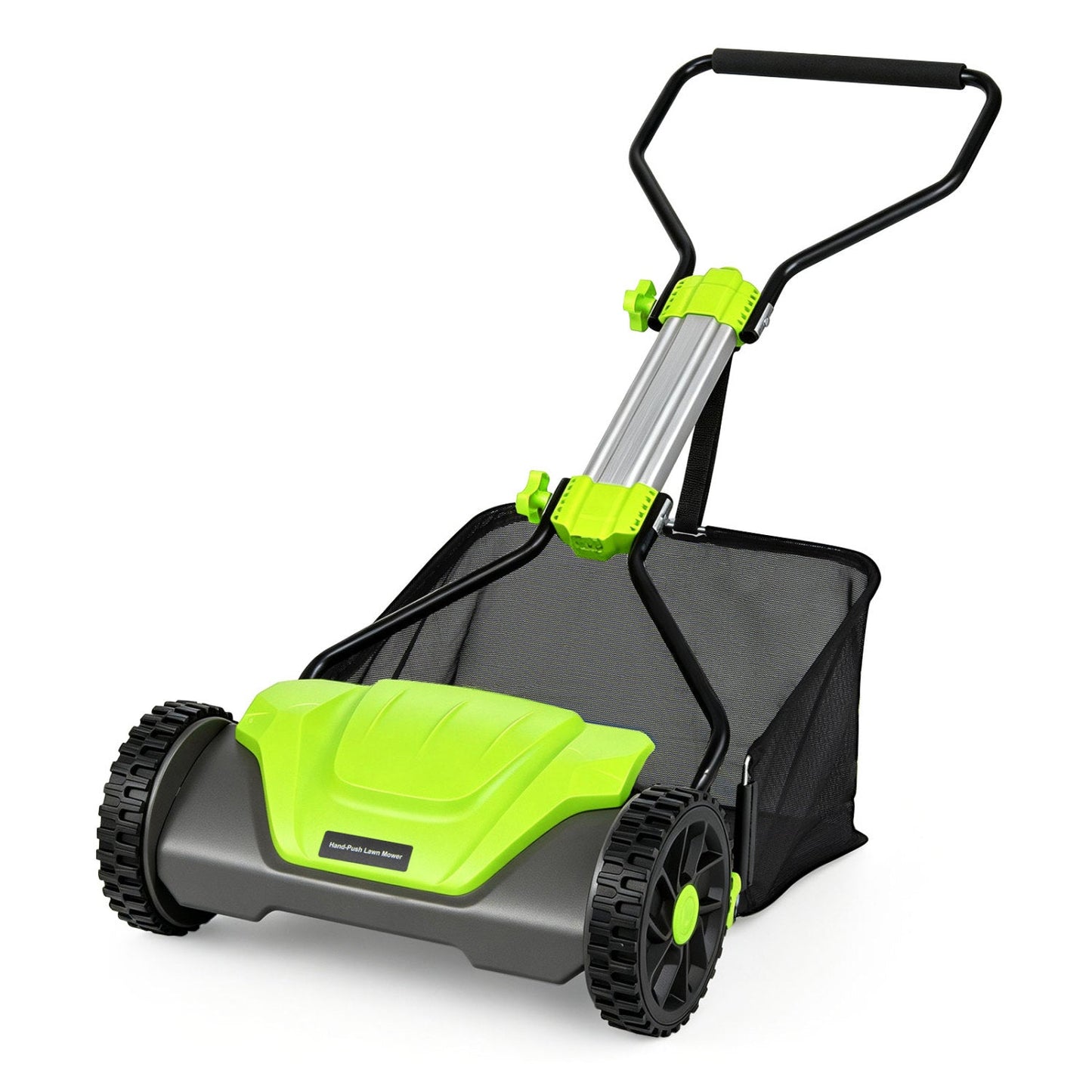 16-Inch push reel lawn mower by DirectDeals with lime-green body and 8-gallon grass catcher on Tampa Home & Garden Store