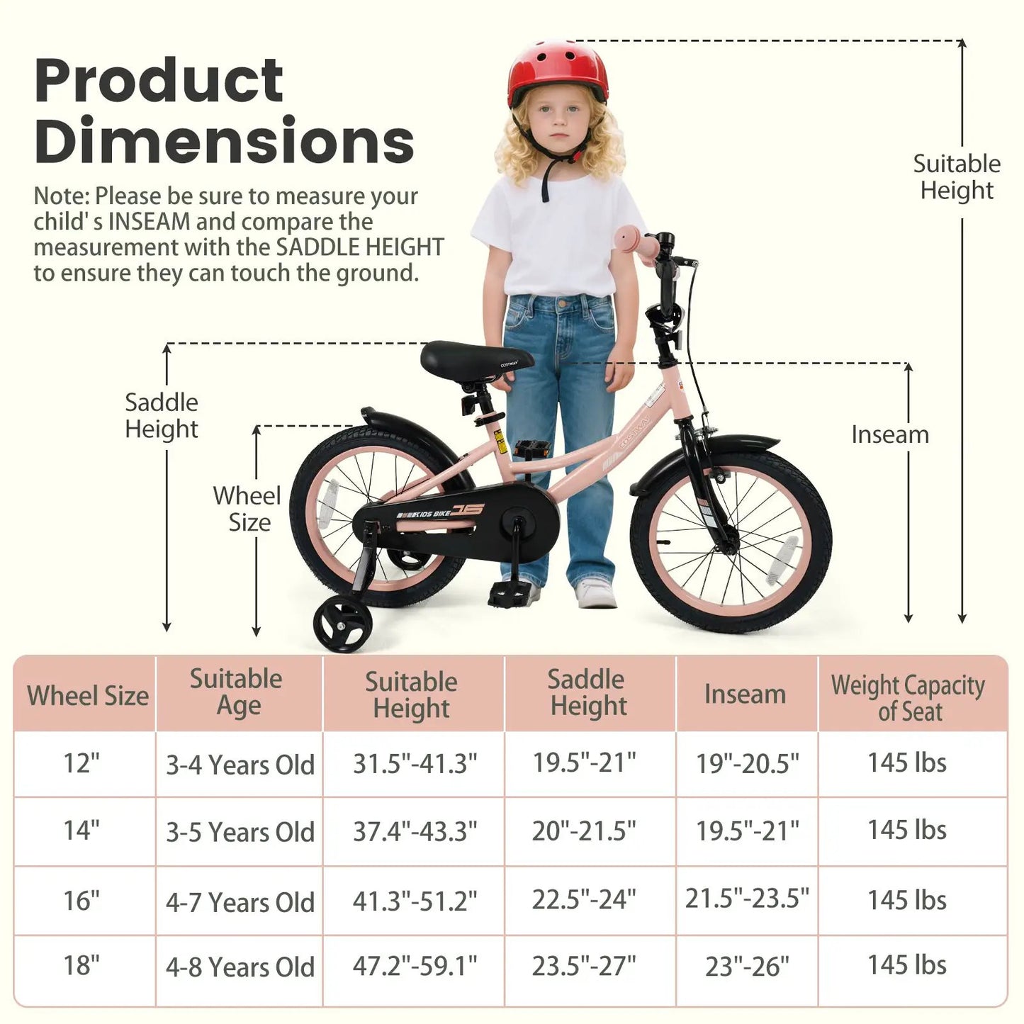 Kids Bike 12-18 Inch With Training Wheels Pink