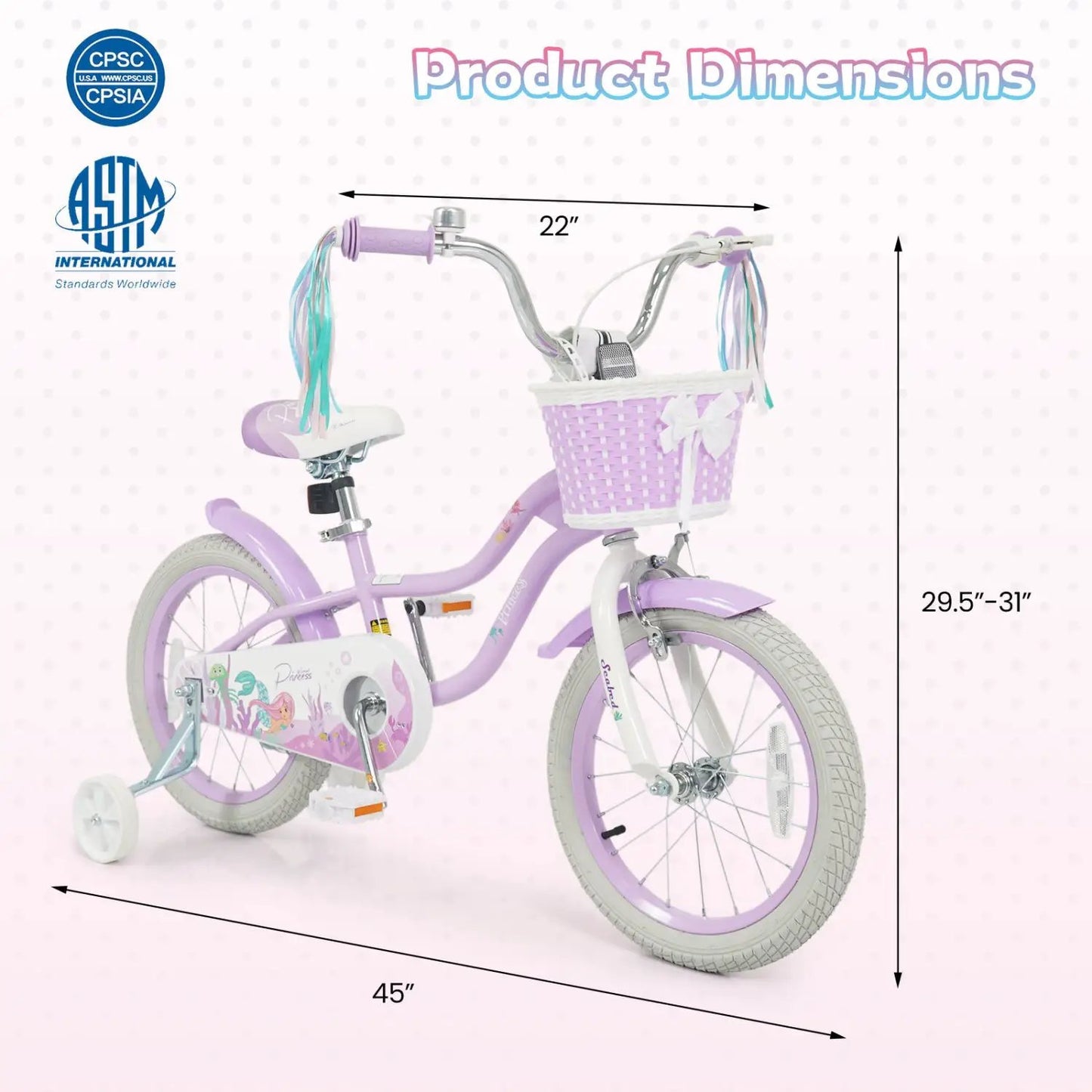 Kids Bike 12-20 Inch With Training Wheels Purple