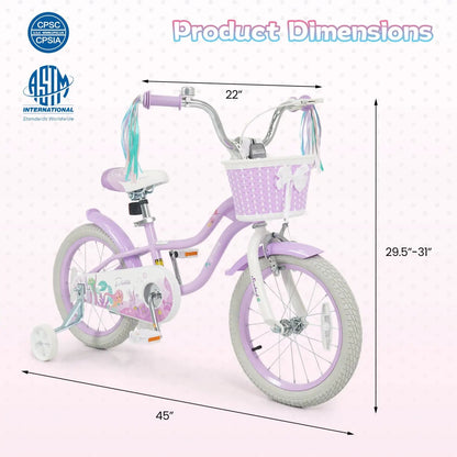 Kids Bike 12-20 Inch With Training Wheels Purple