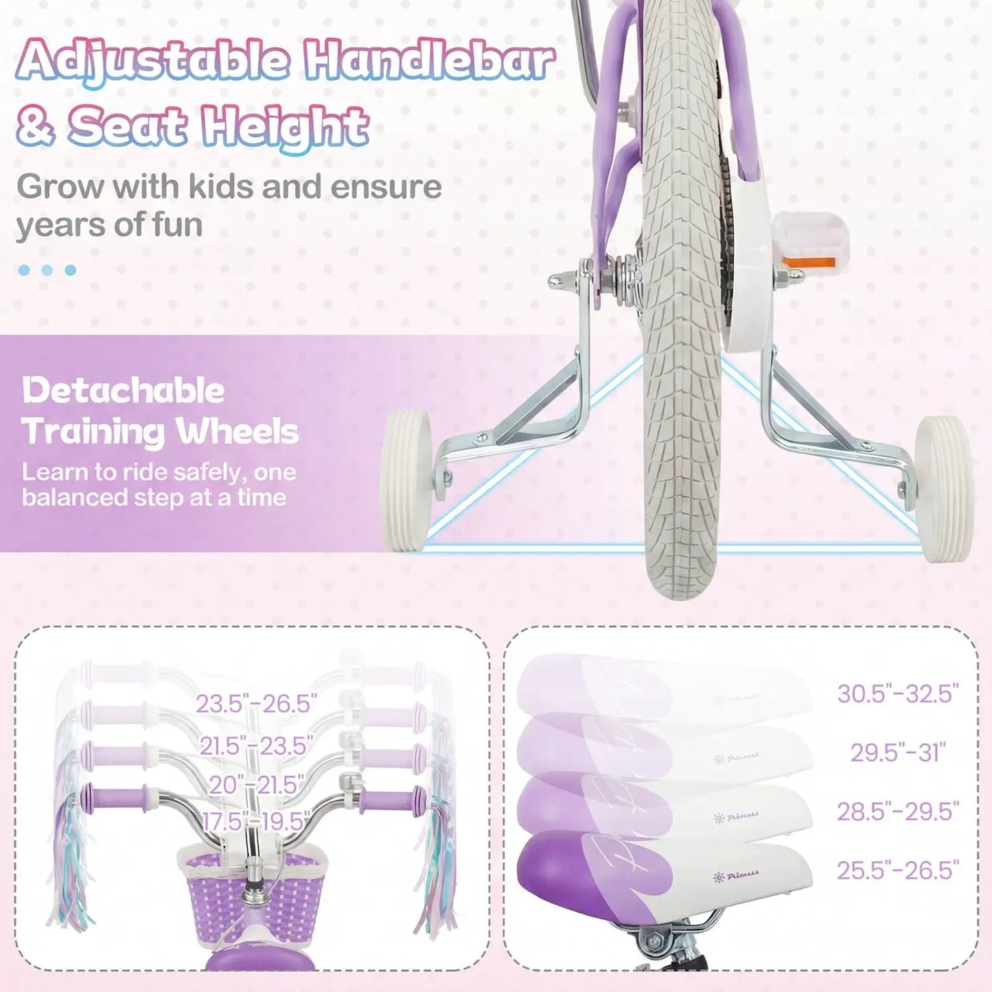 Kids Bike 12-20 Inch With Training Wheels Purple