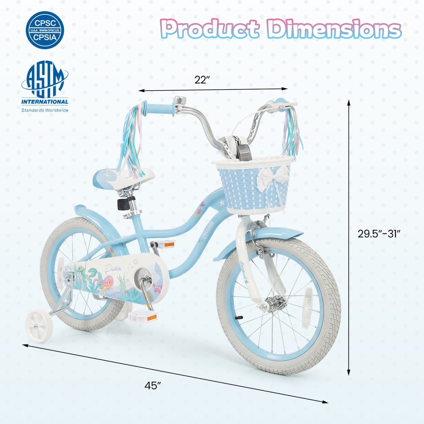 Kids Mermaid Bike 12 to 20 Training Wheels Basket