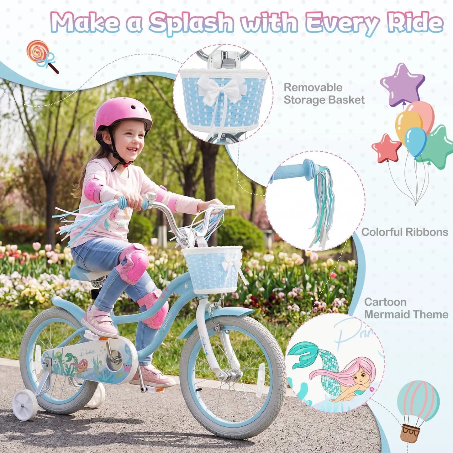 Kids Mermaid Bike 12 to 20 Training Wheels Basket