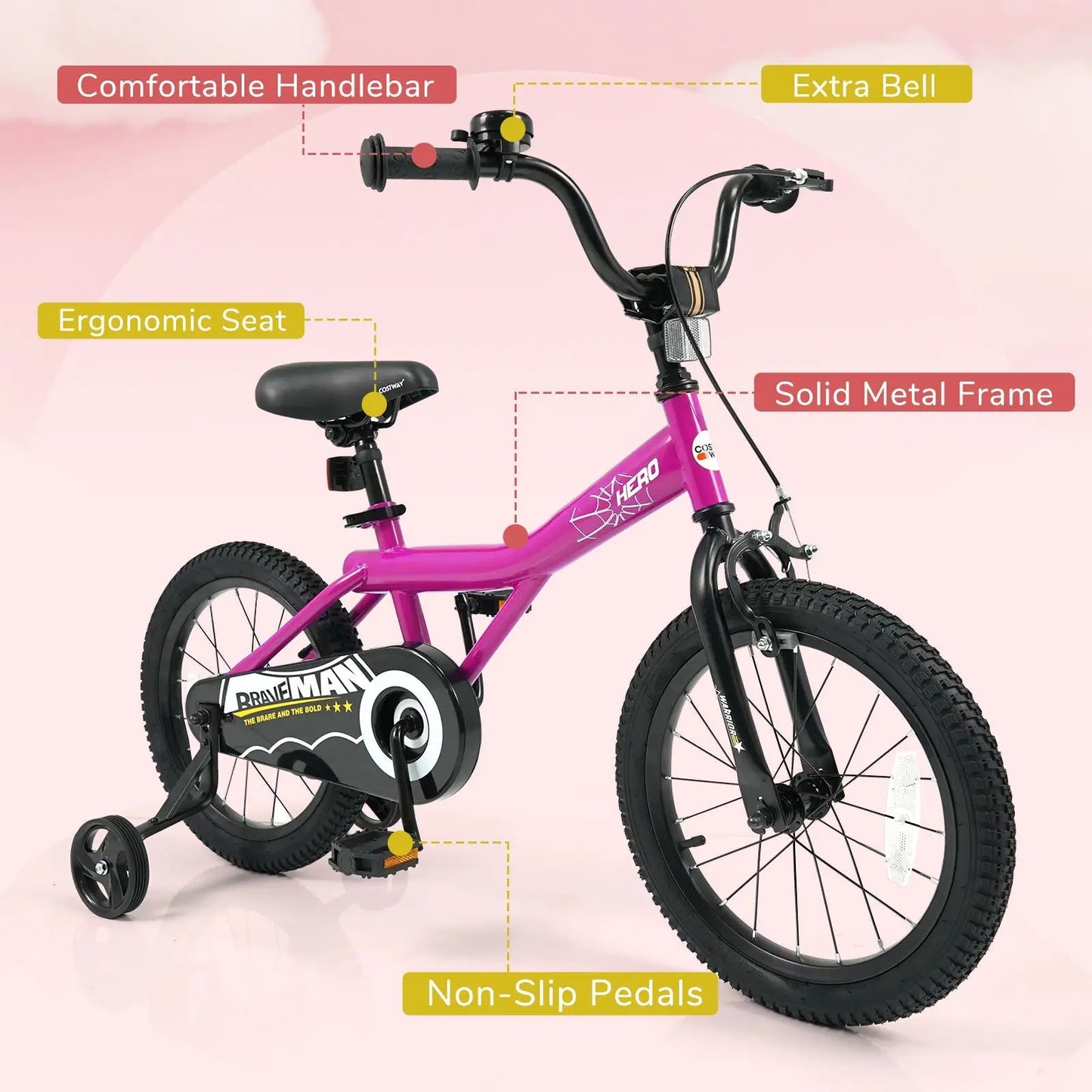 Kids Bike 14-Inch with Training Wheels Pink