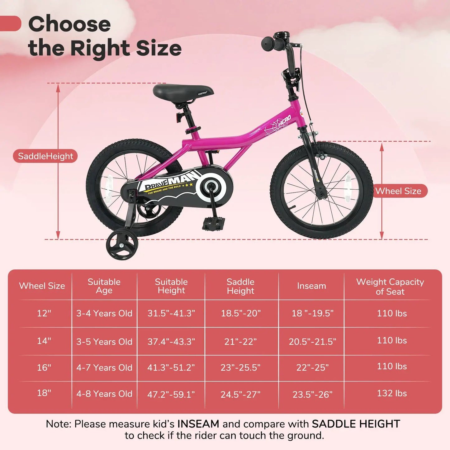 Kids Bike 14-Inch with Training Wheels Pink