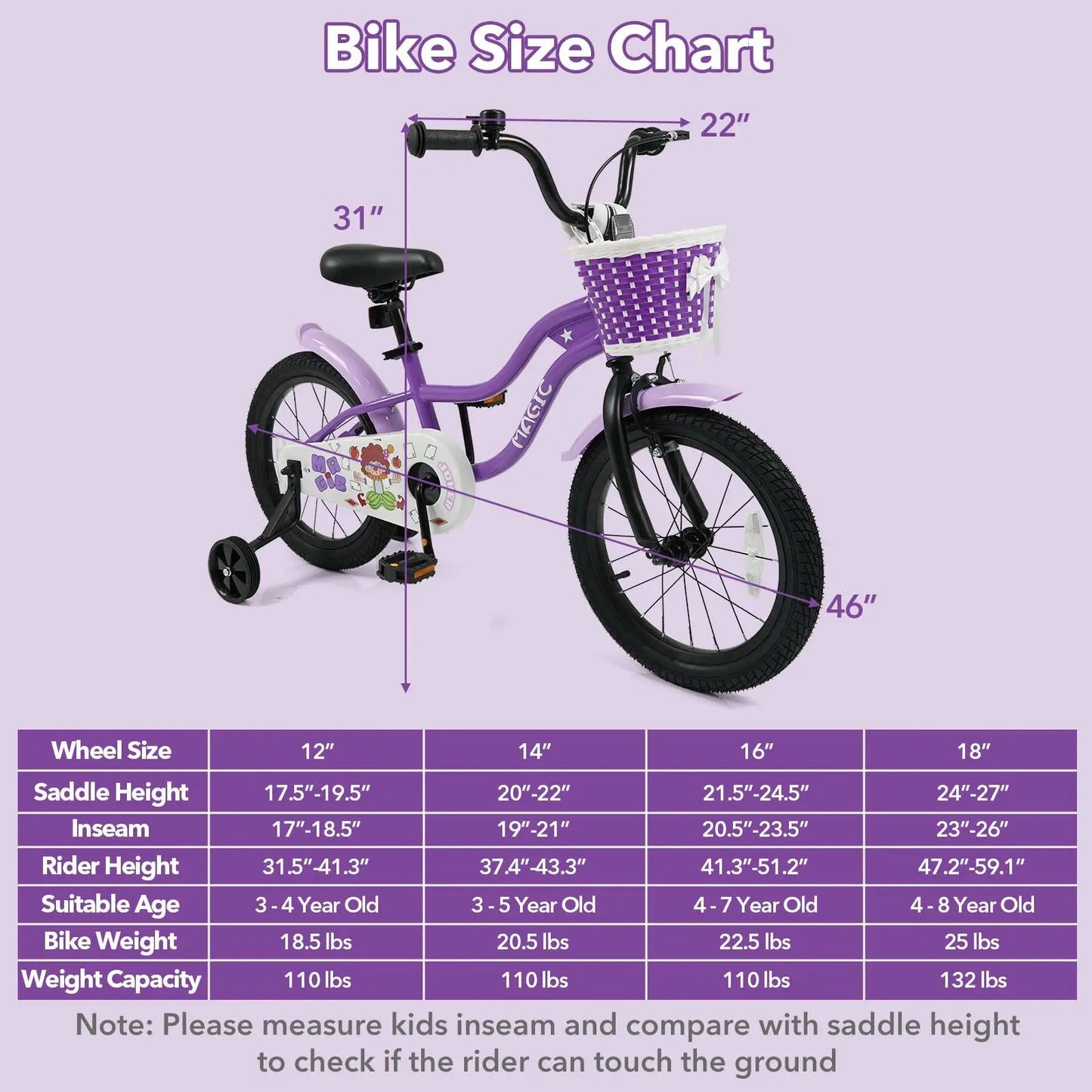 Kids Bike With Training Wheels 12 To 18 Purple