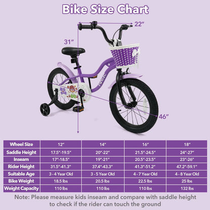 Kids Bike With Training Wheels 12 To 18 Purple